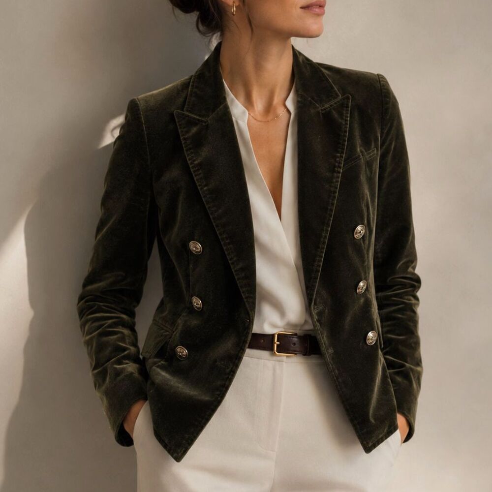 L'AGENCE Wayne Olive Velvet Double Breasted Blazer Jacket S Luxury Date Night